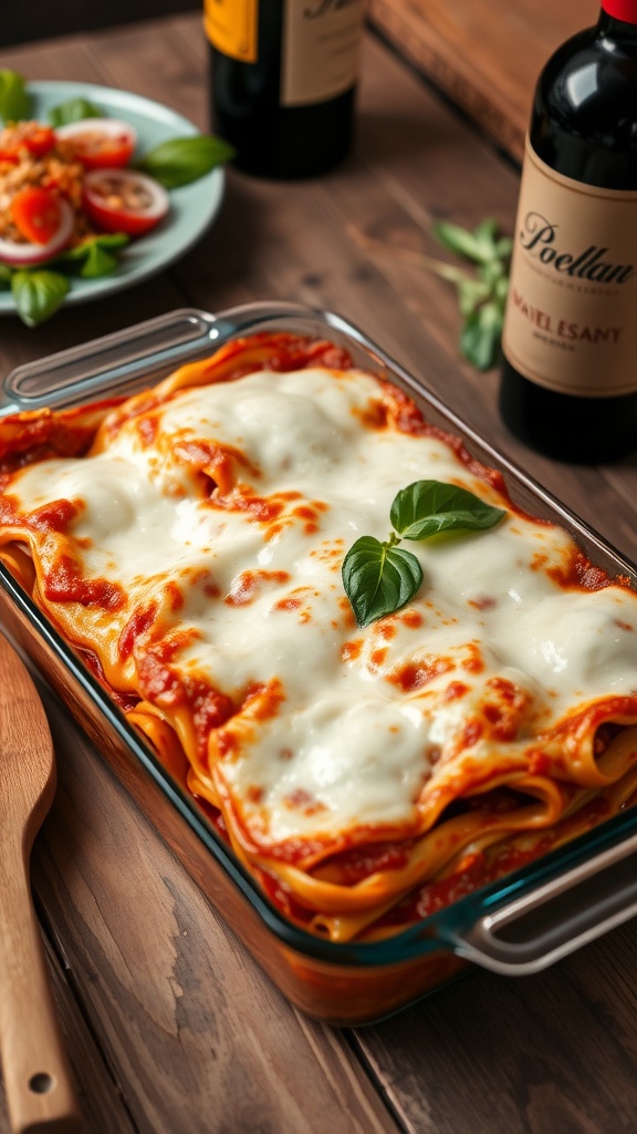 A delicious homemade lasagna with layers of pasta, meat sauce, and cheese, garnished with basil, on a rustic table.